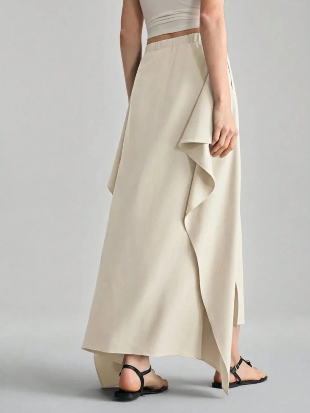 Cream Draped Asymmetric High-Slit Maxi Skirt